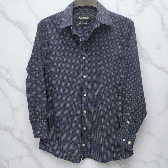 Nick Graham Button Up Shirt Mens Large 16-16.5 Blue Paisley Stretch Modern Fit - Picture 1 of 10